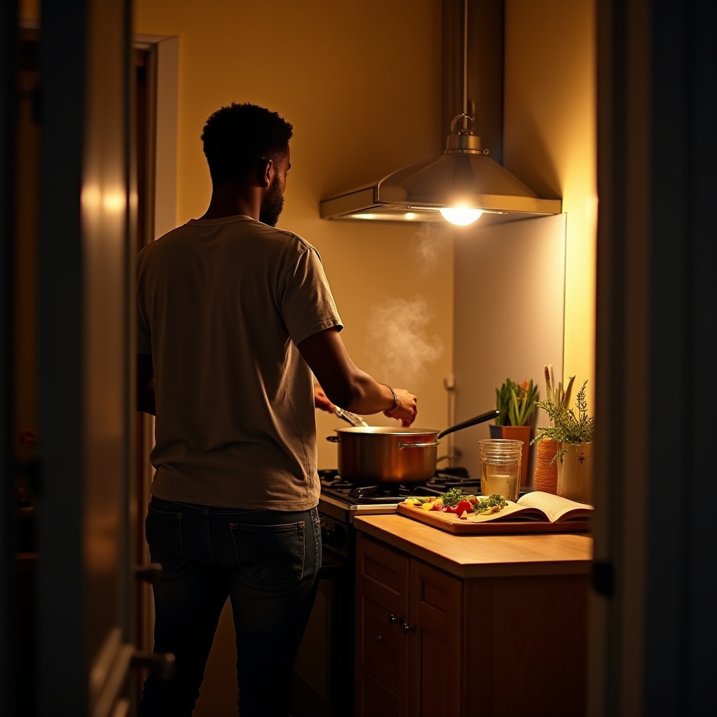 Bucătărie acasă seara, luminată cald, cu mâncare pregătită pe masă