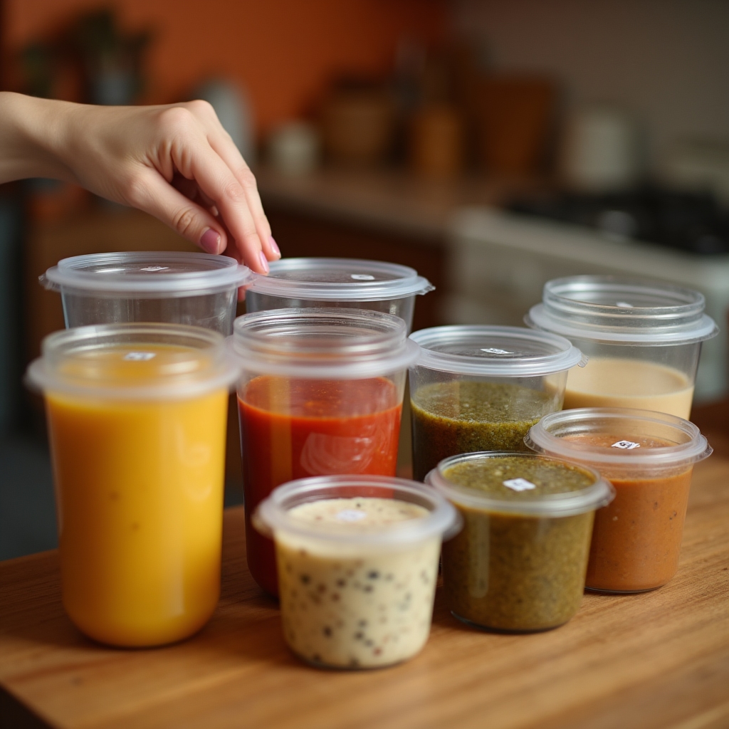 Porții individuale de supă congelate în recipiente mici transparente