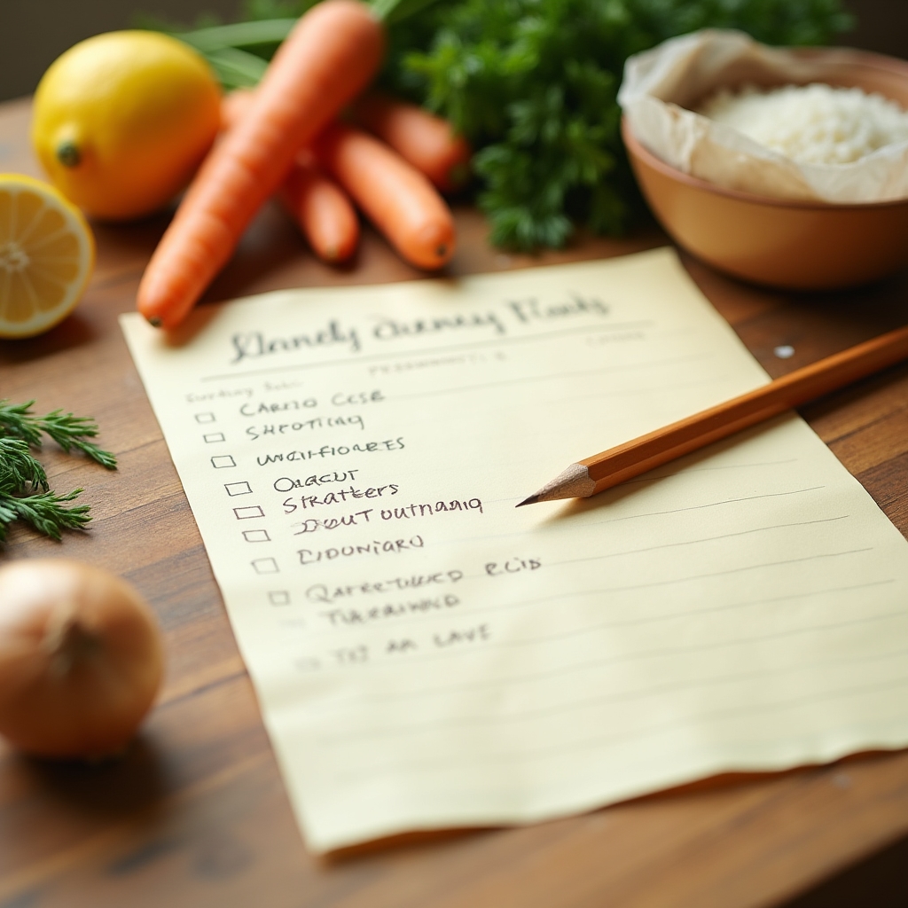 Listă de cumpărături scrisă de mână lângă ingrediente proaspete pe masă